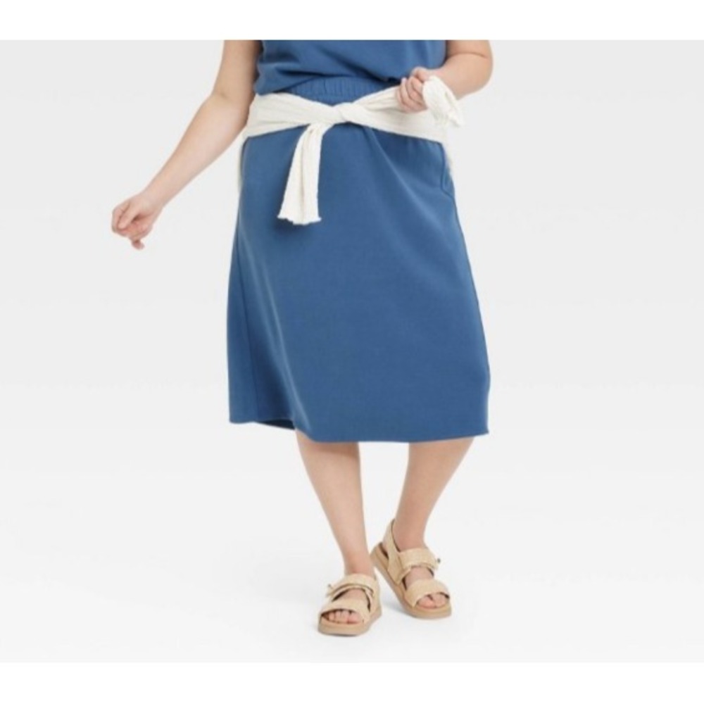 A New Day Womens Very Soft Sandwash Blue Midi Skirt Slit Back Elastic Waist 2XL